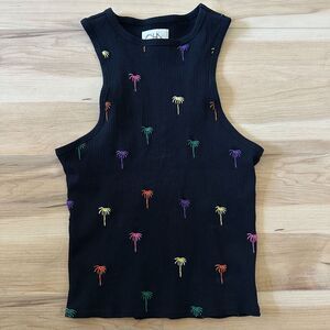 Chaser Womens Neon Palms Ribbed Tank Top Black Palm Tree Modal Spandex Sz Medium